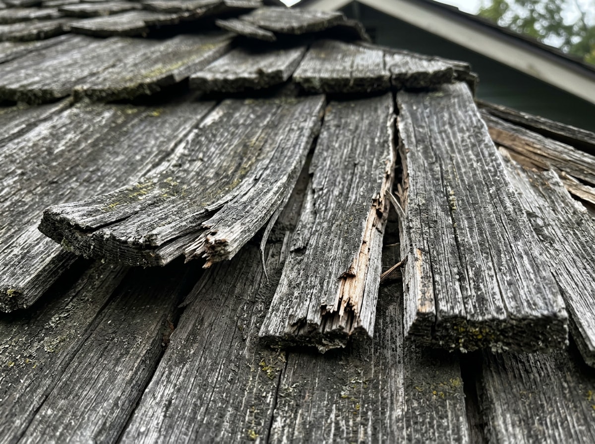 Close-up of curling, cupping, and split cedar shake shingles showing roof weathering damage