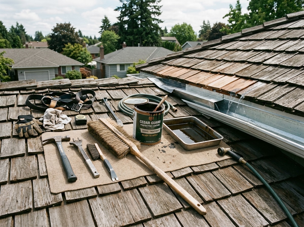 Cedar shake roof maintenance checklist showing annual inspection, cleaning, and preservative treatment steps
