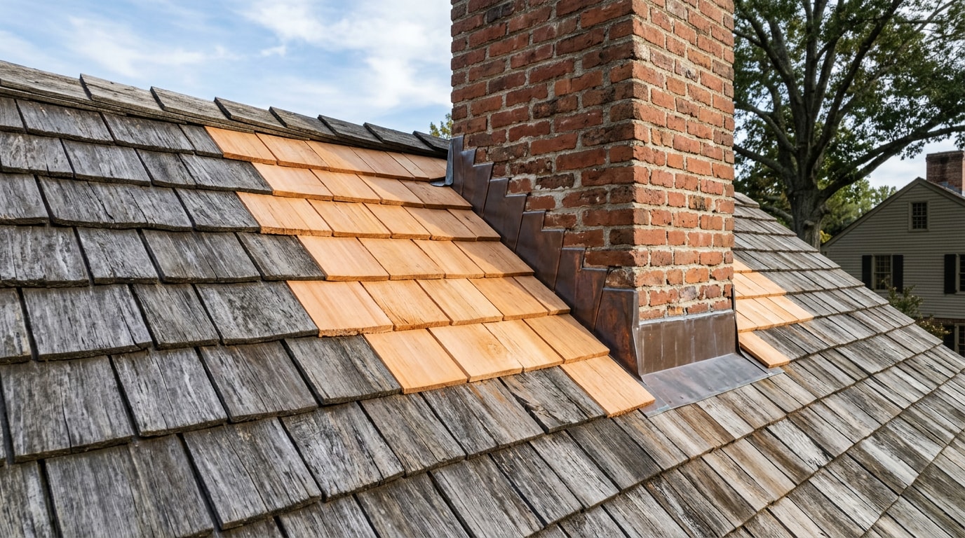 Freshly repaired cedar shake roof section on a historic Alexandria, VA home