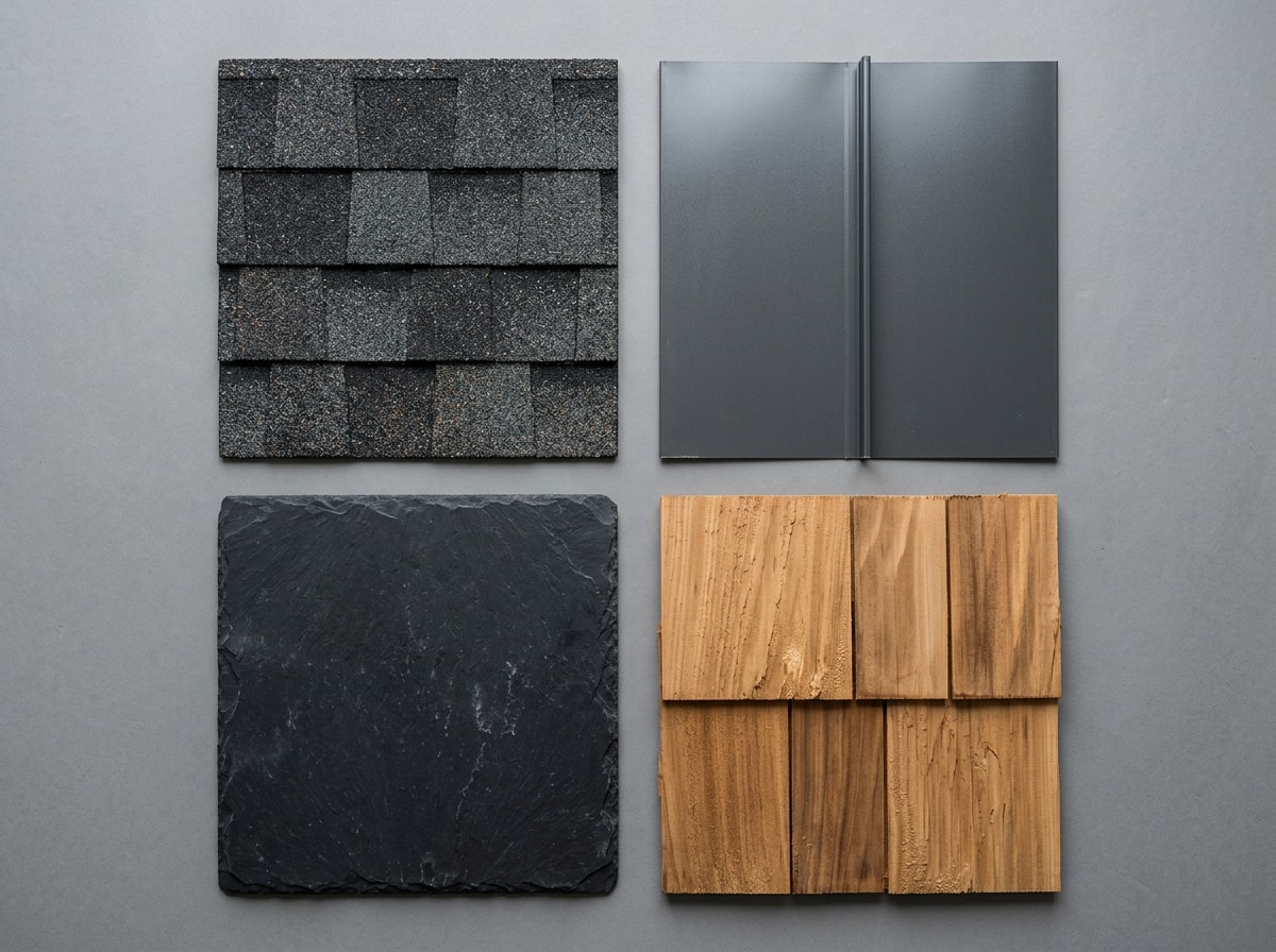 Comparison chart of cost, lifespan, and maintenance across composition, metal, slate, and wood shake roofing materials
