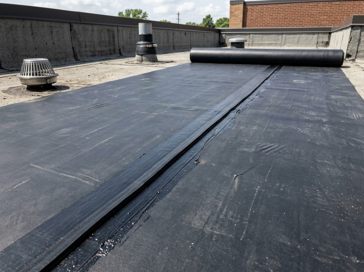 EPDM rubber membrane being rolled onto a flat residential addition roof