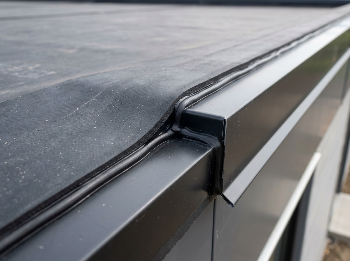 Close-up of sealed EPDM seam and flashing detail on a low-slope roof edge