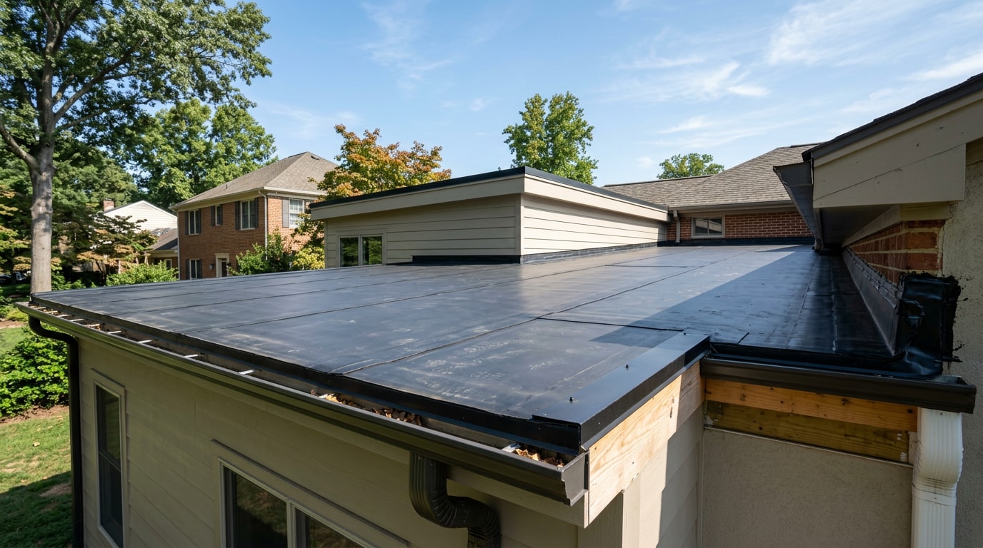 Finished EPDM rubber roof on a flat residential addition in Stafford, VA