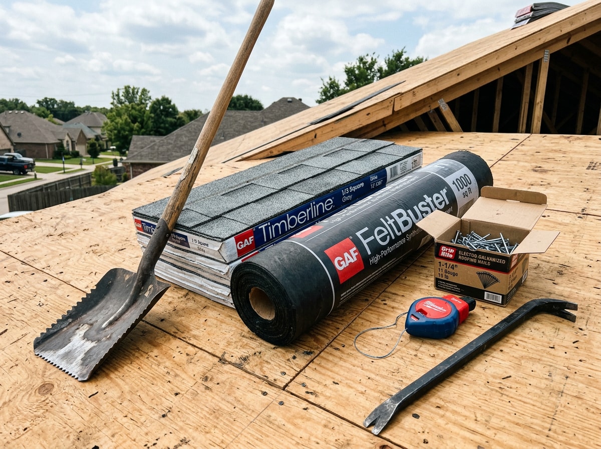 Architectural shingles and roofing tools staged on a roof deck before installation