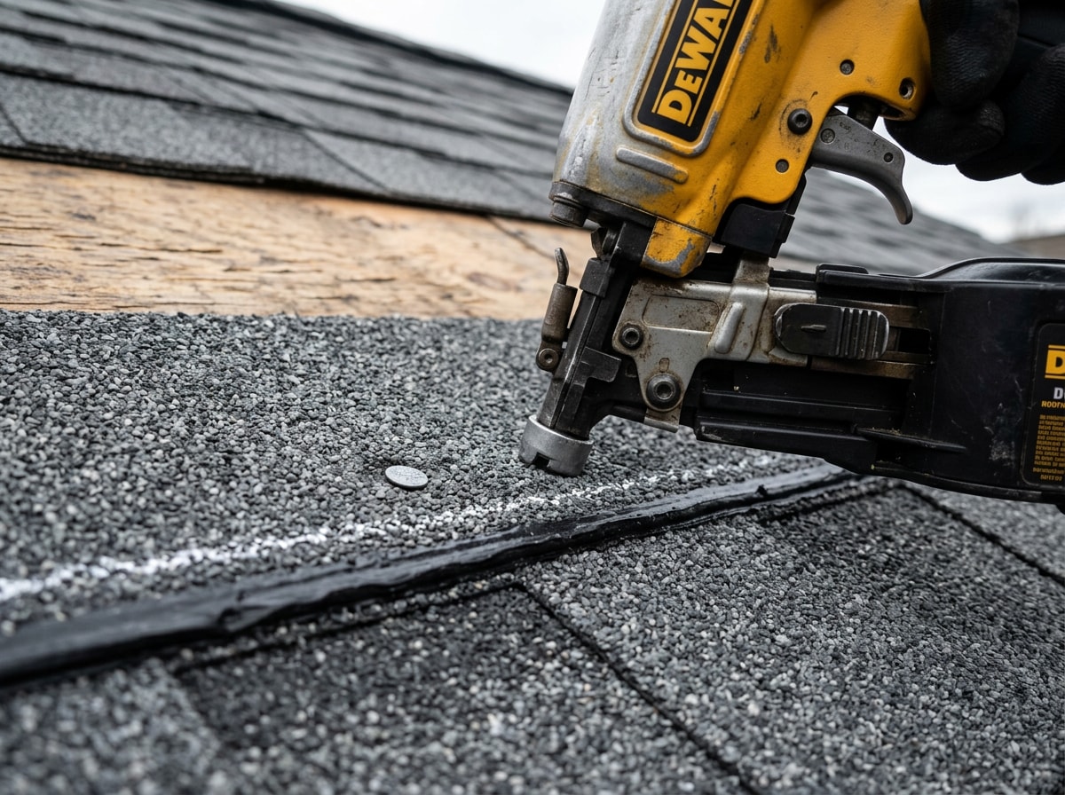 Close-up of a roofing nail gun fastening an architectural shingle in the correct nail zone
