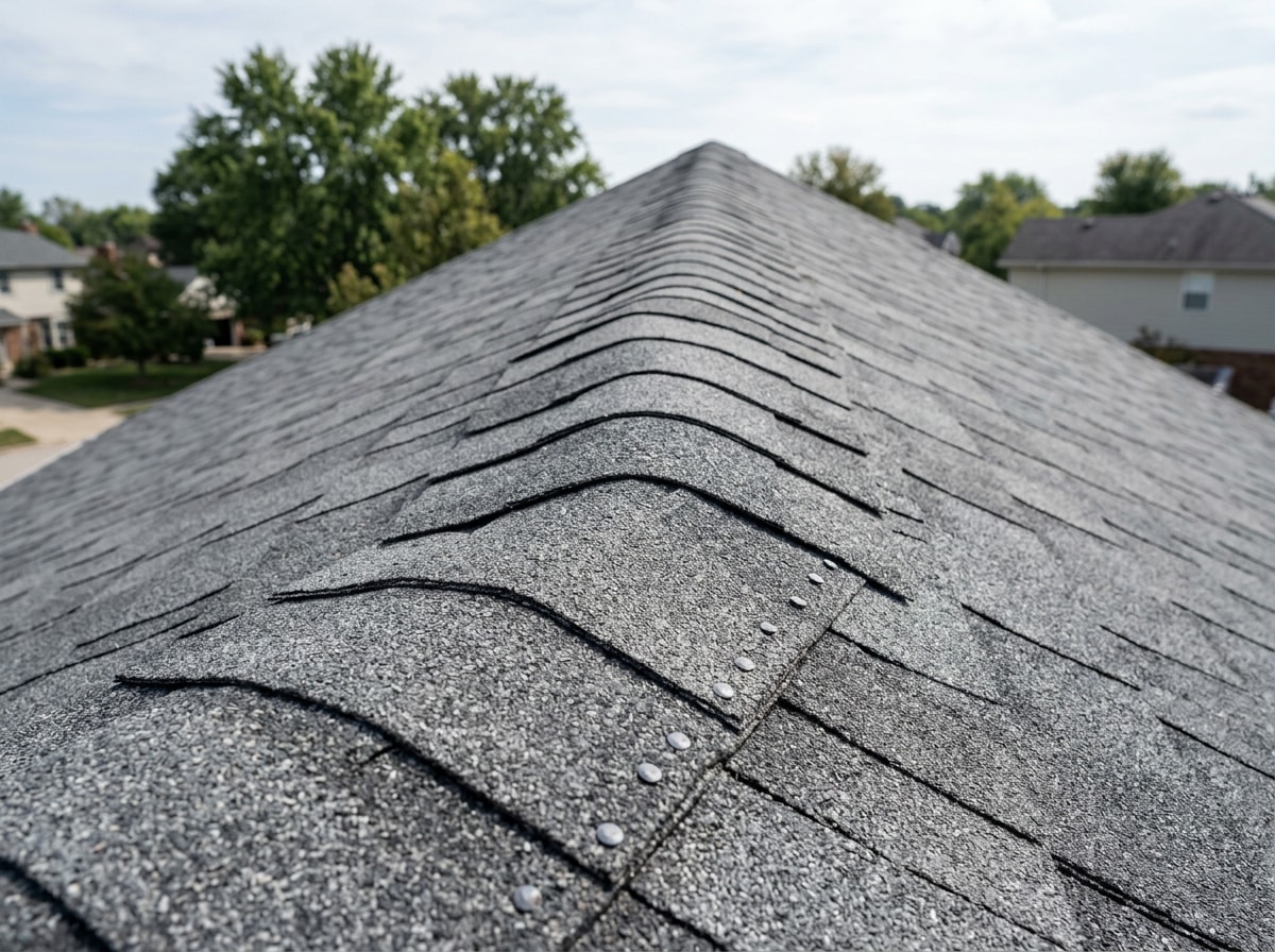 Finished ridge cap shingles installed along a residential roof ridge line