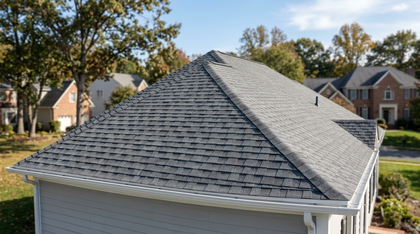 Finished architectural shingle roof installation on a home in Reston, VA Finished architectural shingle roof installation on a home in Reston, VA