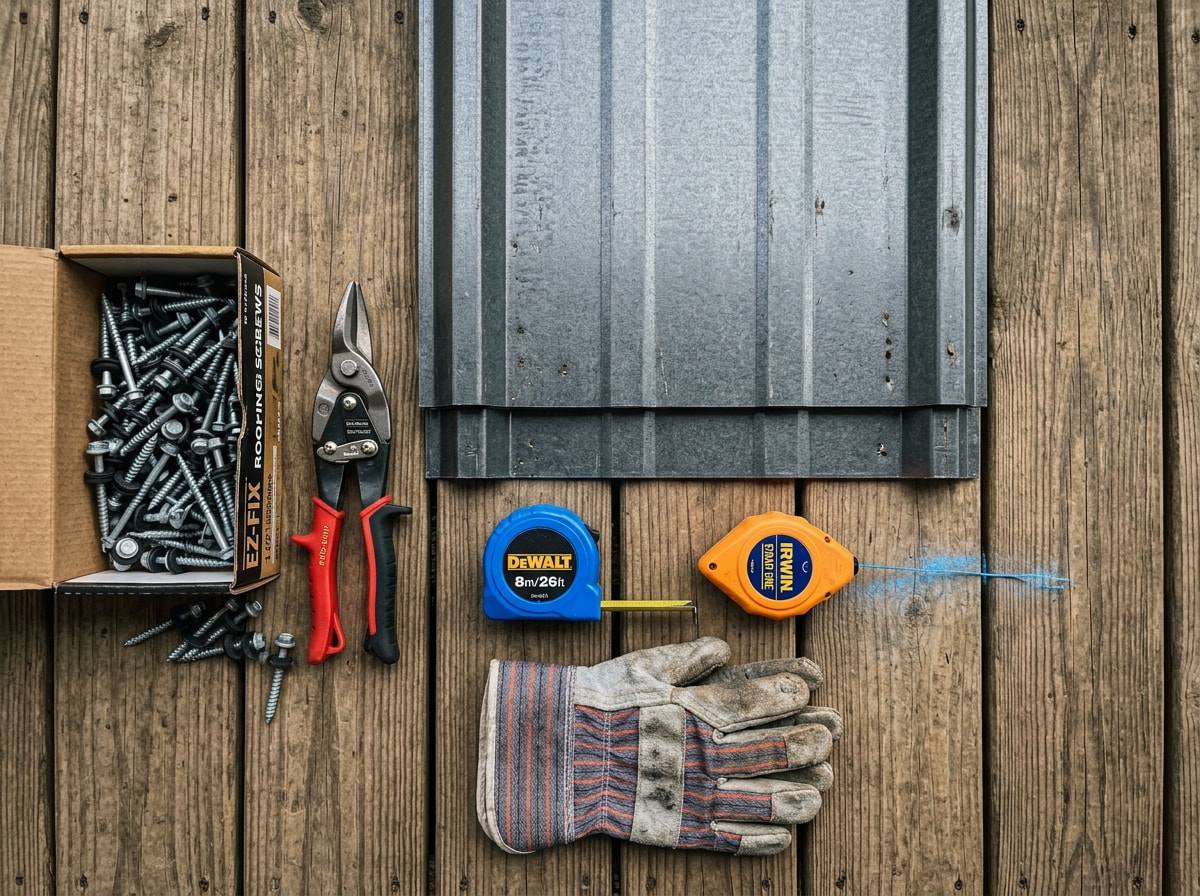 Flat-lay of metal roofing panels, screws with rubber washers, tin snips, and other roofing tools laid out for a shed installation