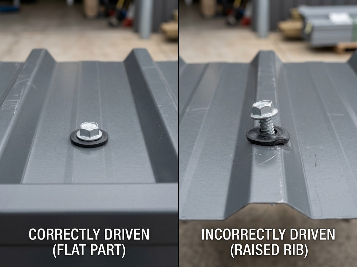Close-up comparison of a metal roofing screw correctly placed in the panel's flat versus incorrectly placed on the raised rib