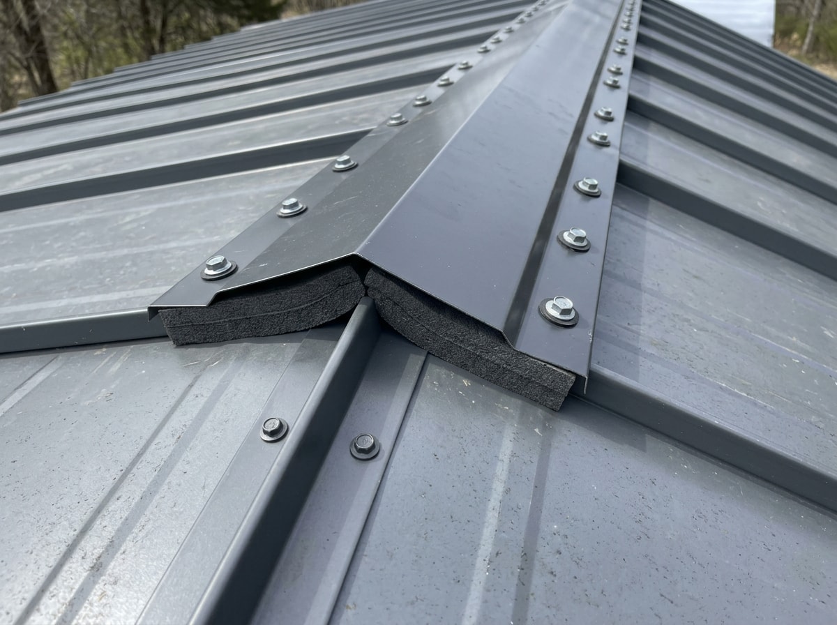 Finished ridge cap installed along the peak of a shed's metal roof