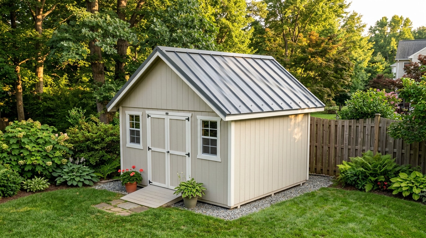 Shed with a newly installed metal roof in a Northern Virginia backyard Shed with a newly installed metal roof in a Northern Virginia backyard