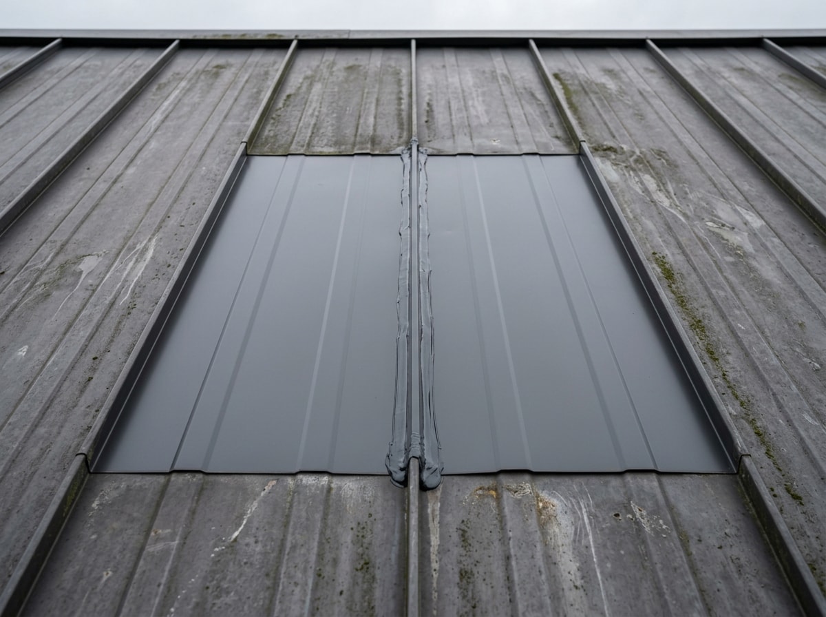 Close-up of a repaired standing seam metal roof panel showing a clean patch and resealed seam after storm damage