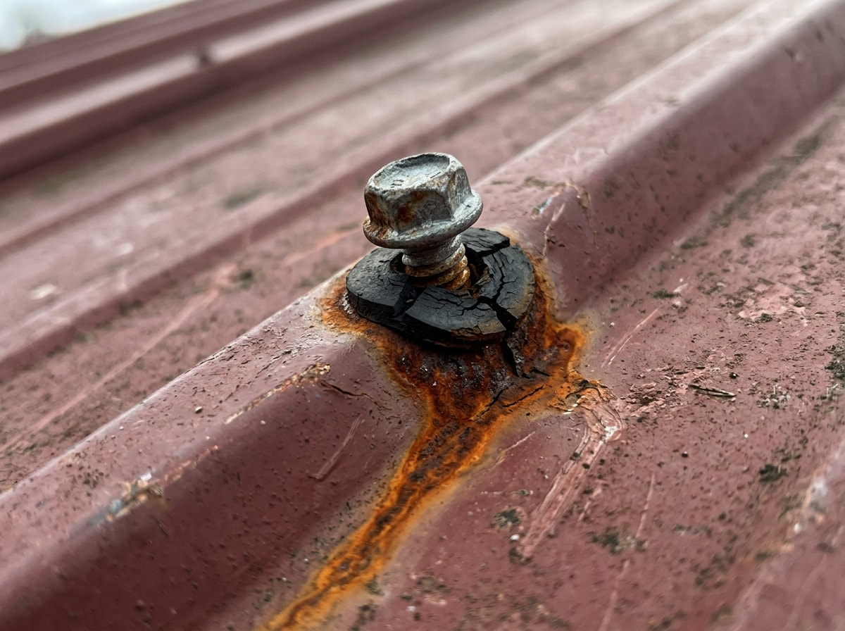 Close-up of a backed-out roofing fastener with surface rust on a metal roof panel