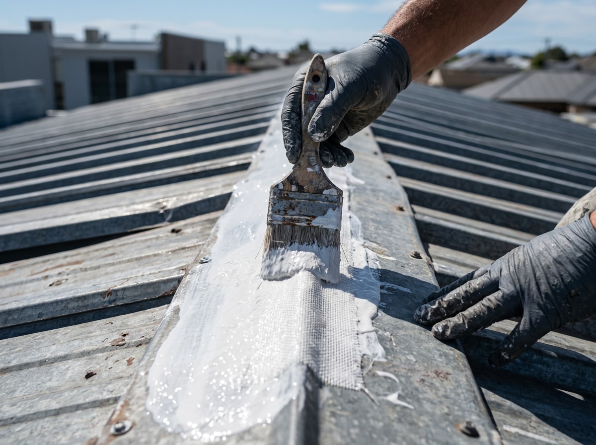 Technician applying a fabric-reinforced coating system to a metal roof seam during restoration