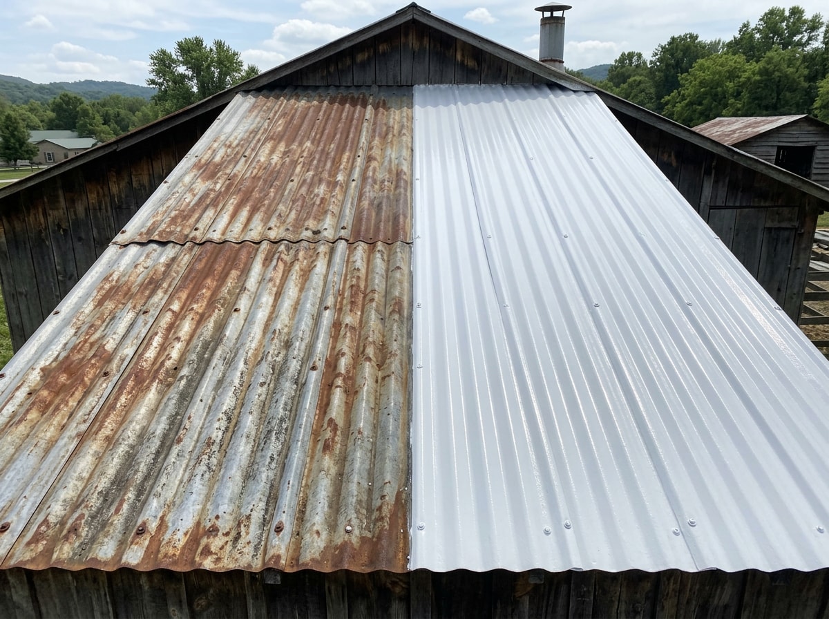 Finished metal roof section with a fresh, even reflective coating next to an uncoated, weathered panel