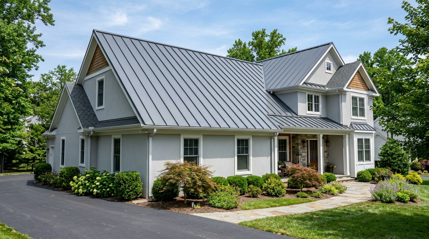 Freshly restored metal roof on a Stafford, VA home with a uniform protective coating