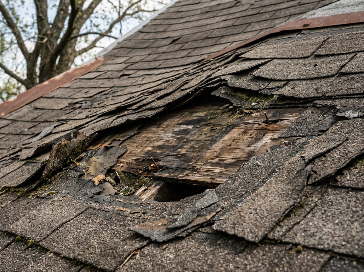 Annotated photo highlighting curling shingles, exposed decking, and a sagging roofline on a Manassas home