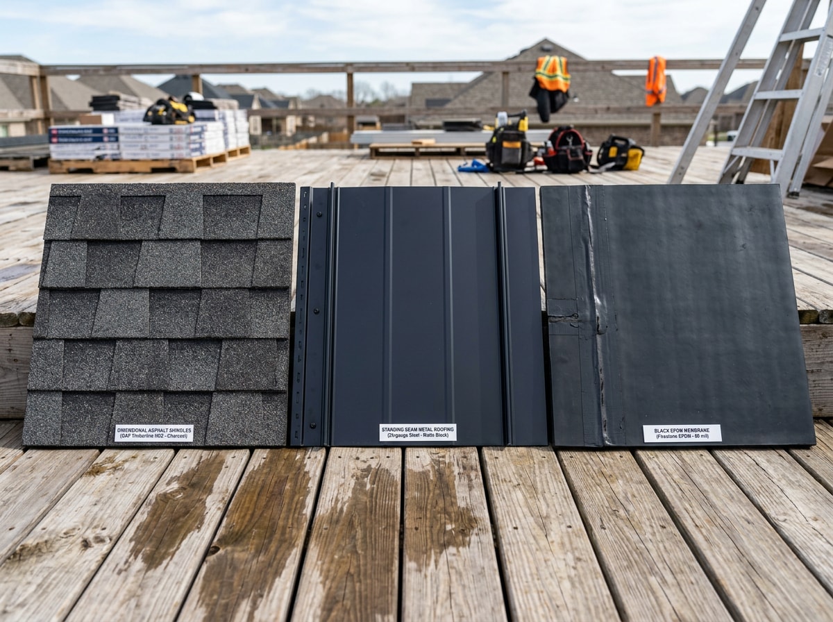 Side-by-side comparison of asphalt shingle, metal, and flat roofing materials used in Manassas, VA