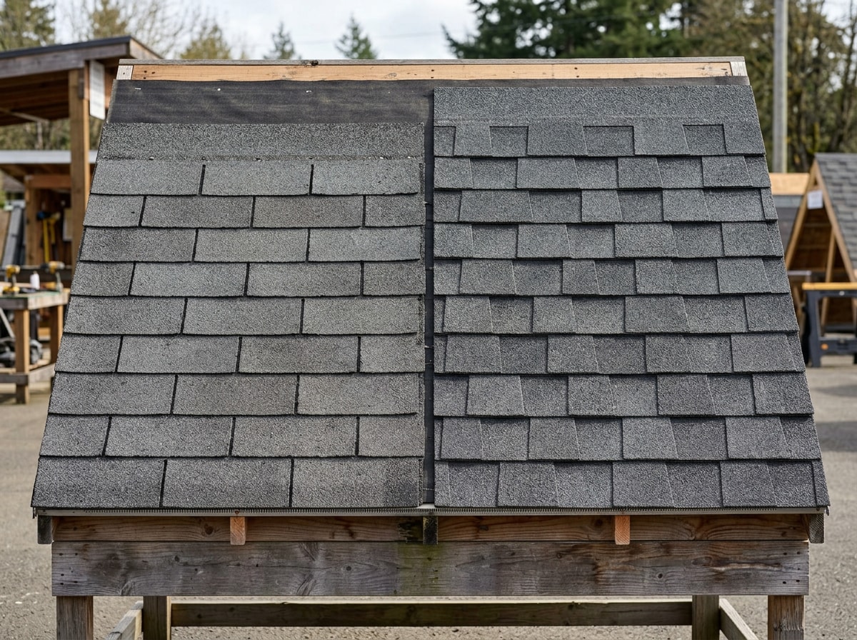 Side-by-side comparison of 3-tab shingles and architectural shingles on residential roofs