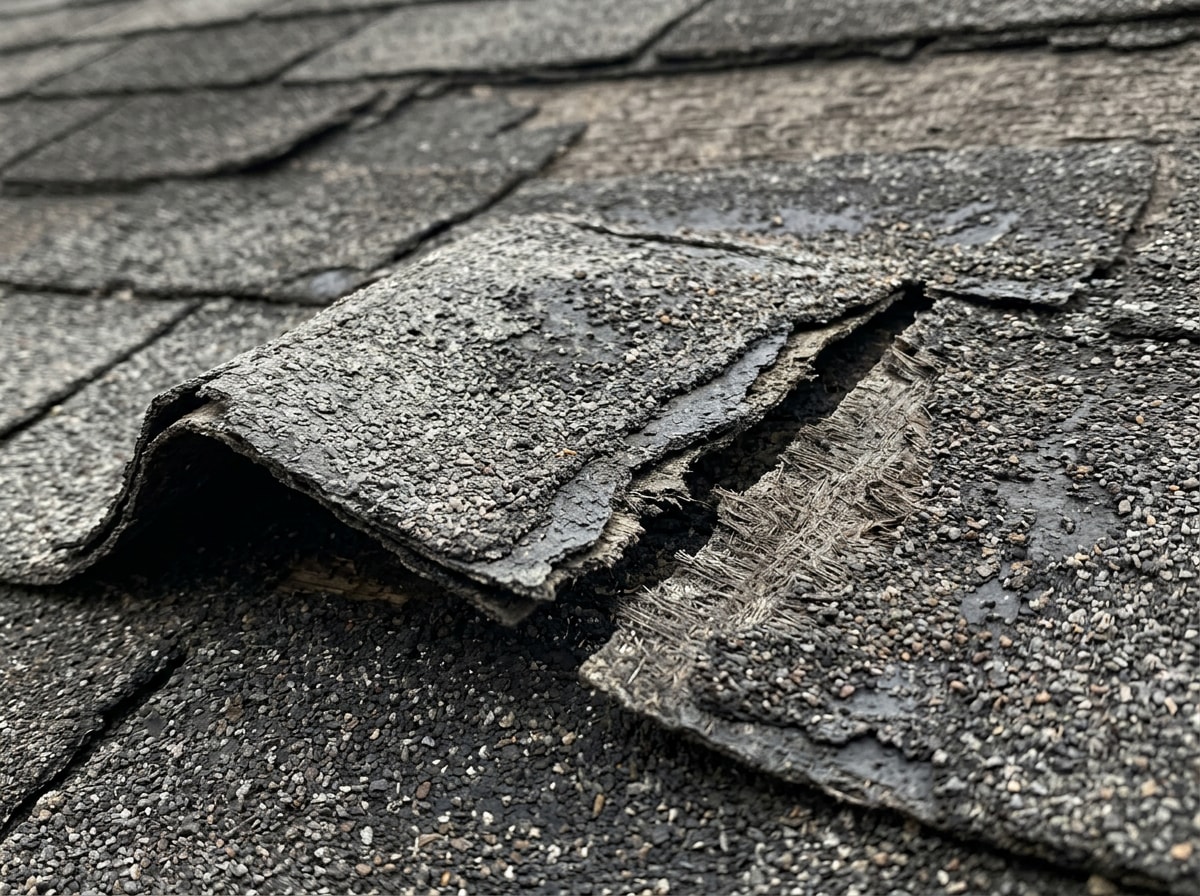 Close-up of curling and buckling shingles showing early roof repair signs on a Fairfax, VA home