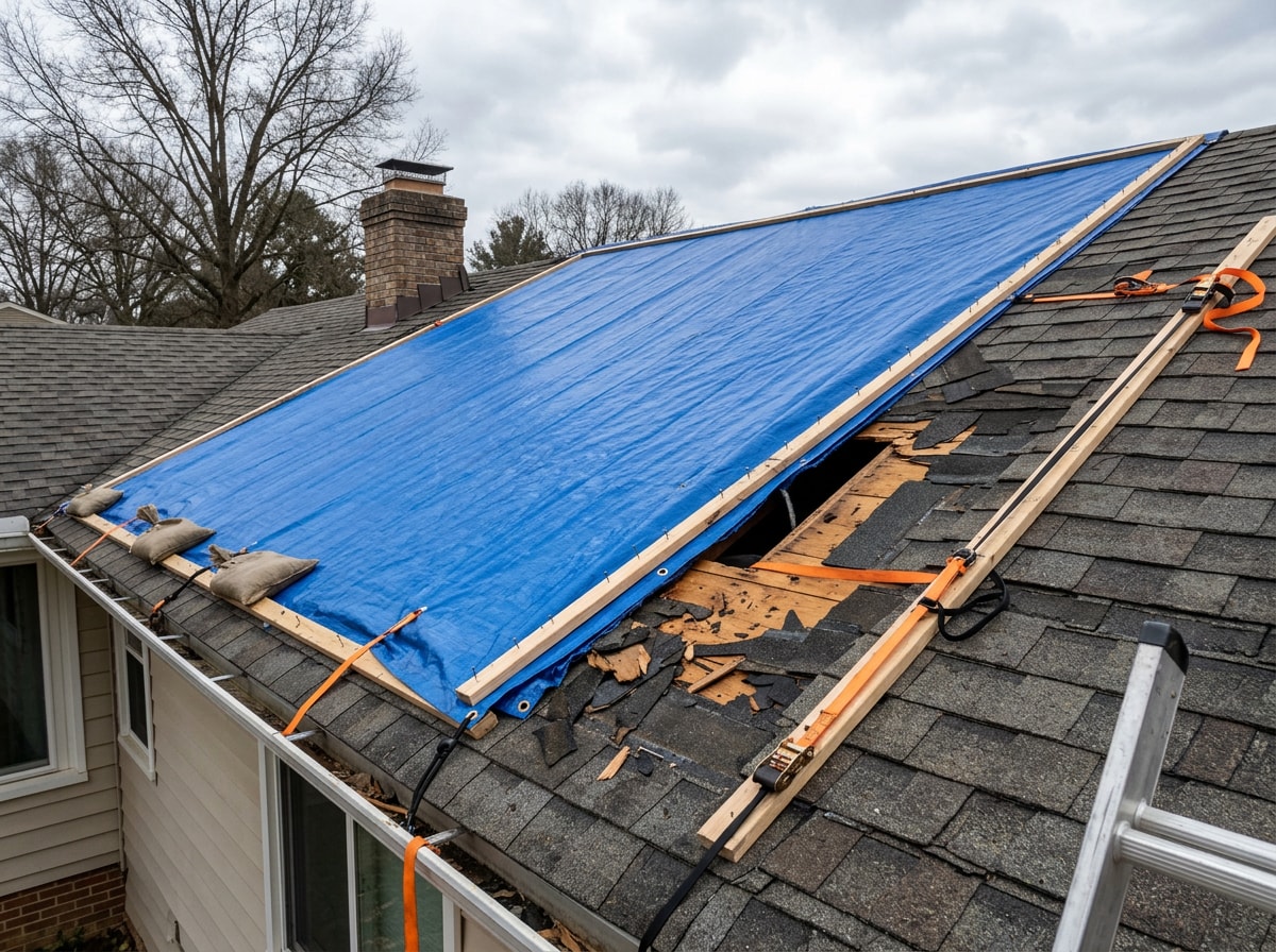Professionally installed tarp covering a damaged roof section after storm damage in Fairfax, VA