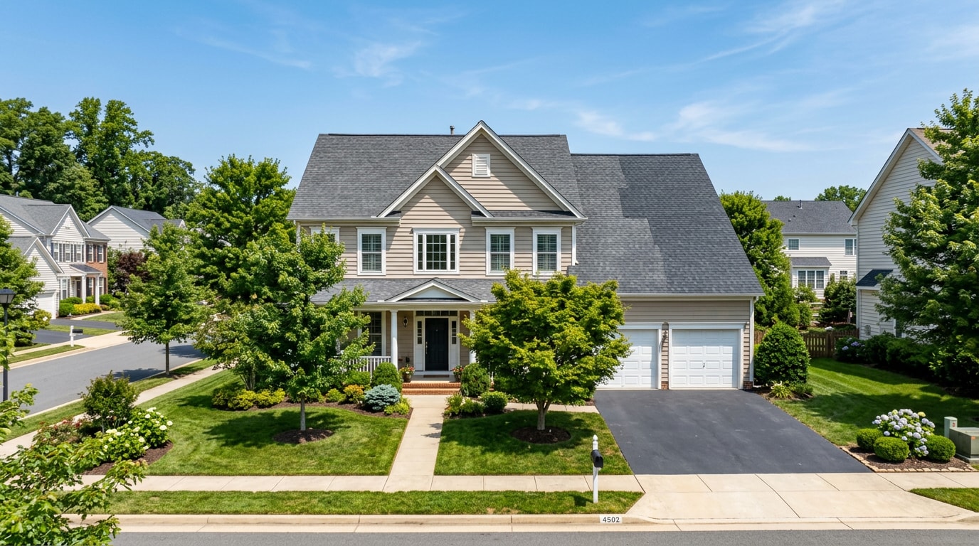 Freshly repaired asphalt shingle roof on a residential home in Fairfax, VA Freshly repaired asphalt shingle roof on a residential home in Fairfax, VA