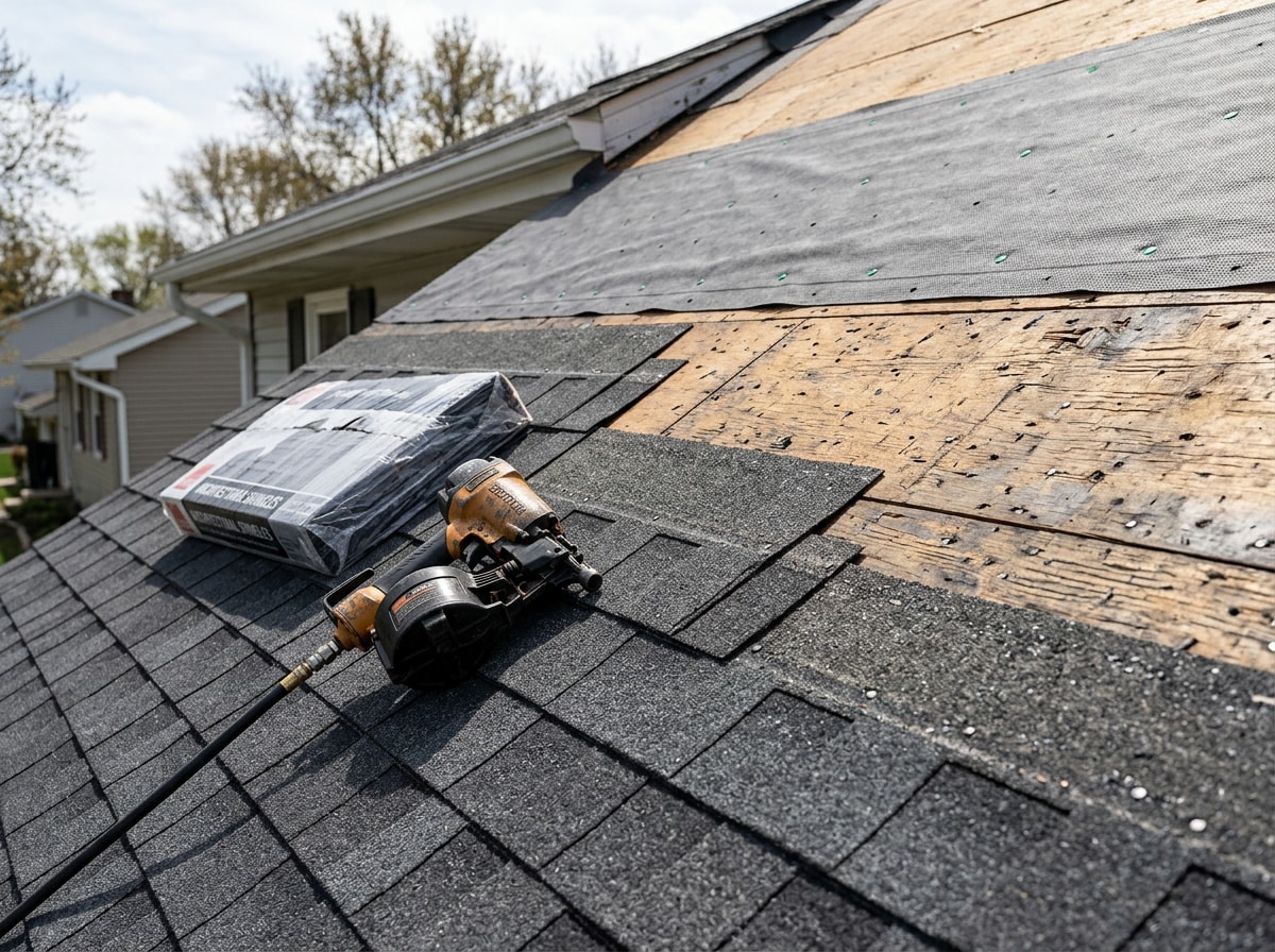 Residential roof mid-replacement with new architectural shingles being installed in Gainesville, VA