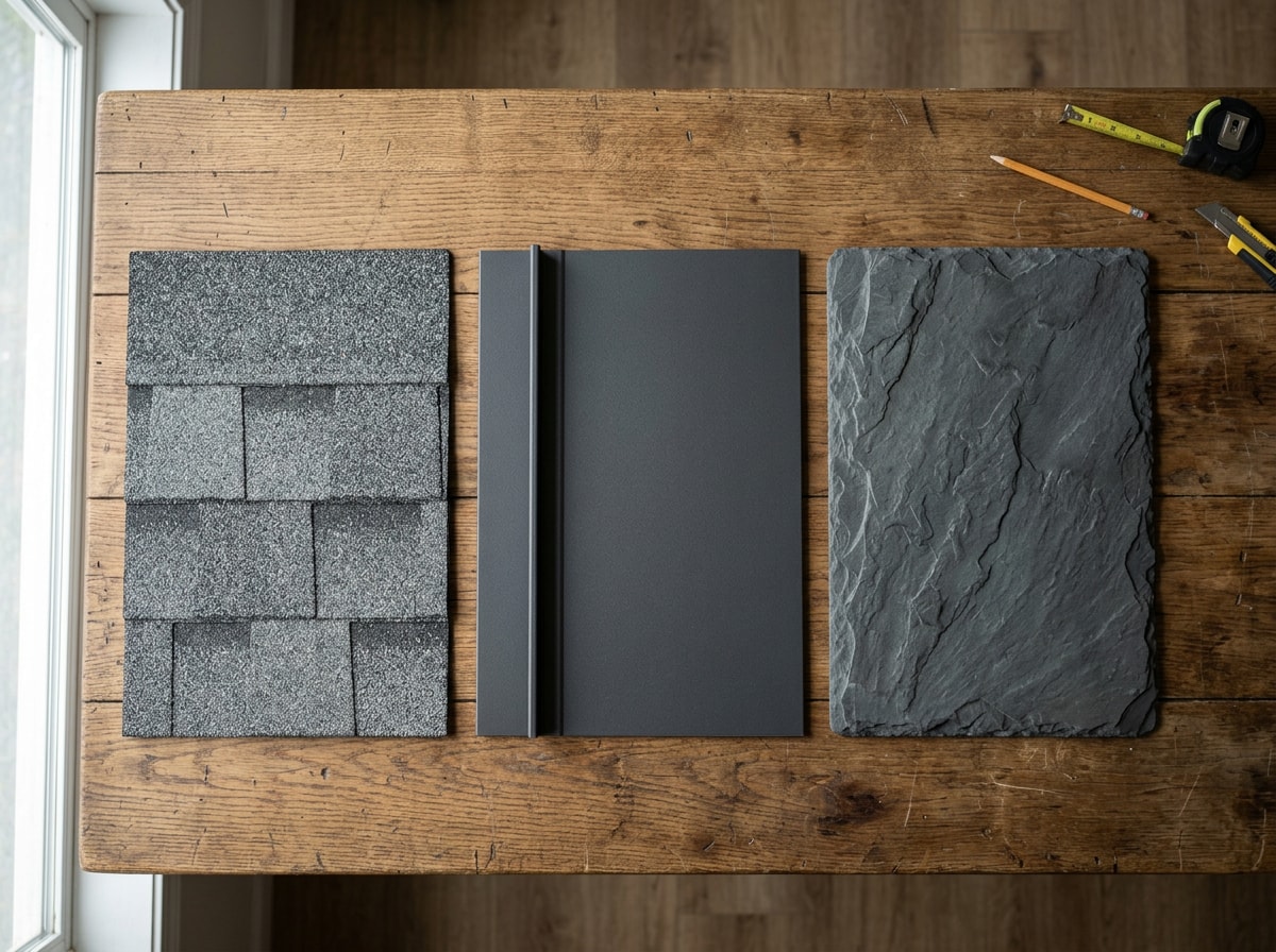 Comparison of asphalt shingle, metal, and synthetic slate roofing material samples