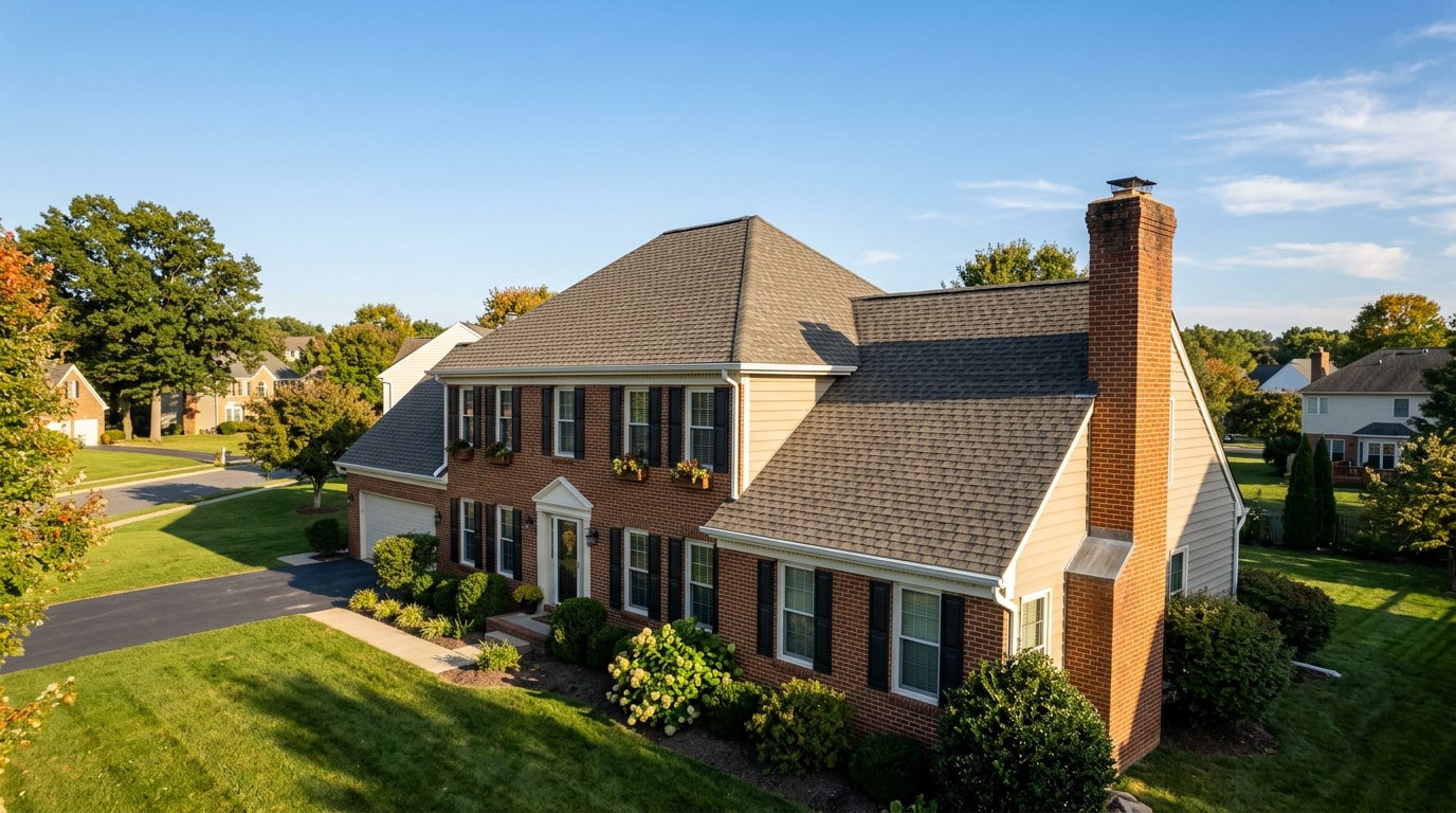 Finished residential roof replacement on a two-story home in Gainesville, VA Finished residential roof replacement on a two-story home in Gainesville, VA