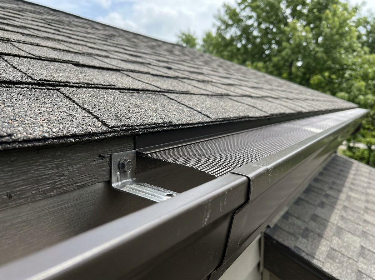 Completed seamless aluminum gutter installation with leaf guards on a Woodbridge, VA home