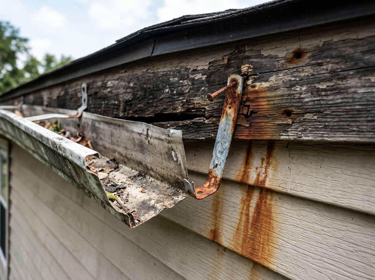 Close-up of a sagging aluminum gutter pulling away from a fascia board