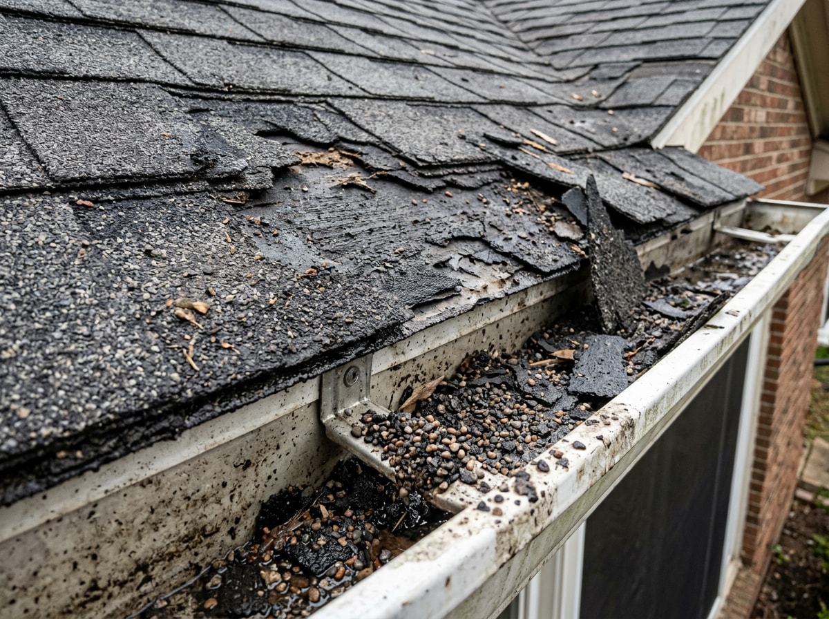 Storm-damaged asphalt shingles with granule loss draining into a clogged gutter