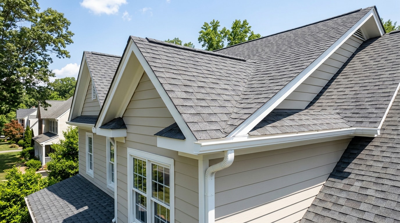 Repaired roof and gutter system on a Fredericksburg, VA home
