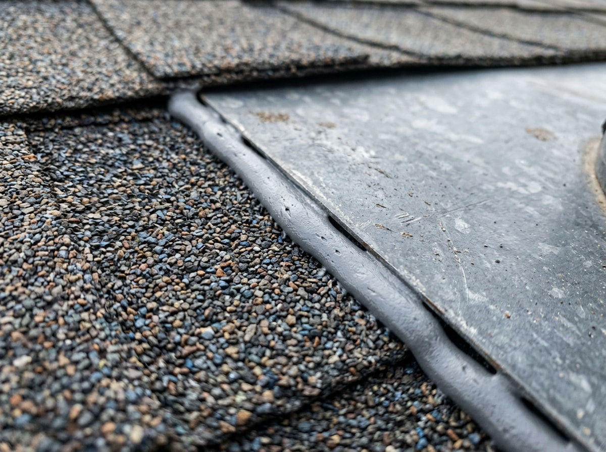 Close-up of flexible sealant applied along a shingle flashing seam on an asphalt roof