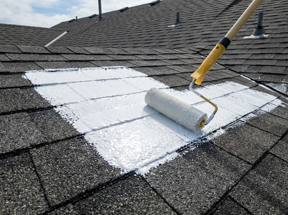 Roofer rolling reflective white silicone coating onto an asphalt shingle roof section