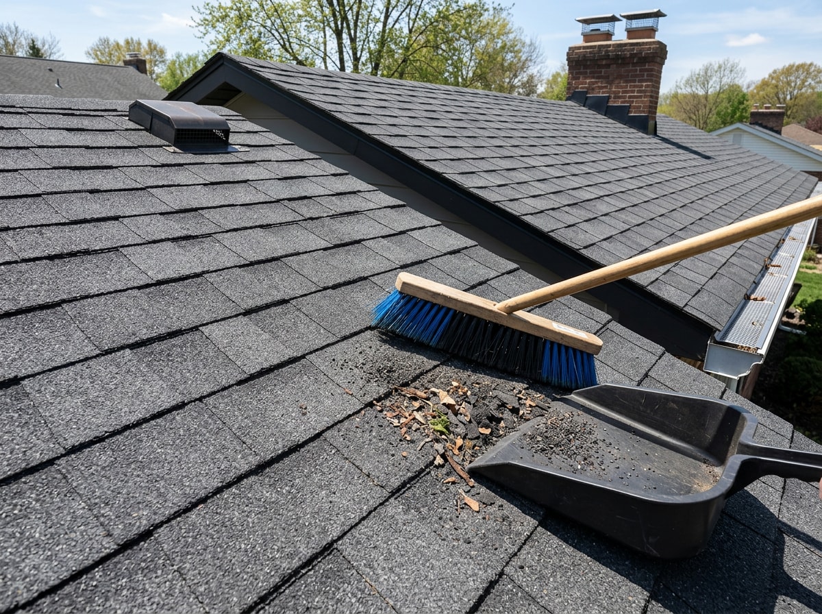 Roofer clearing debris and granules from a shingle roof before sealant application