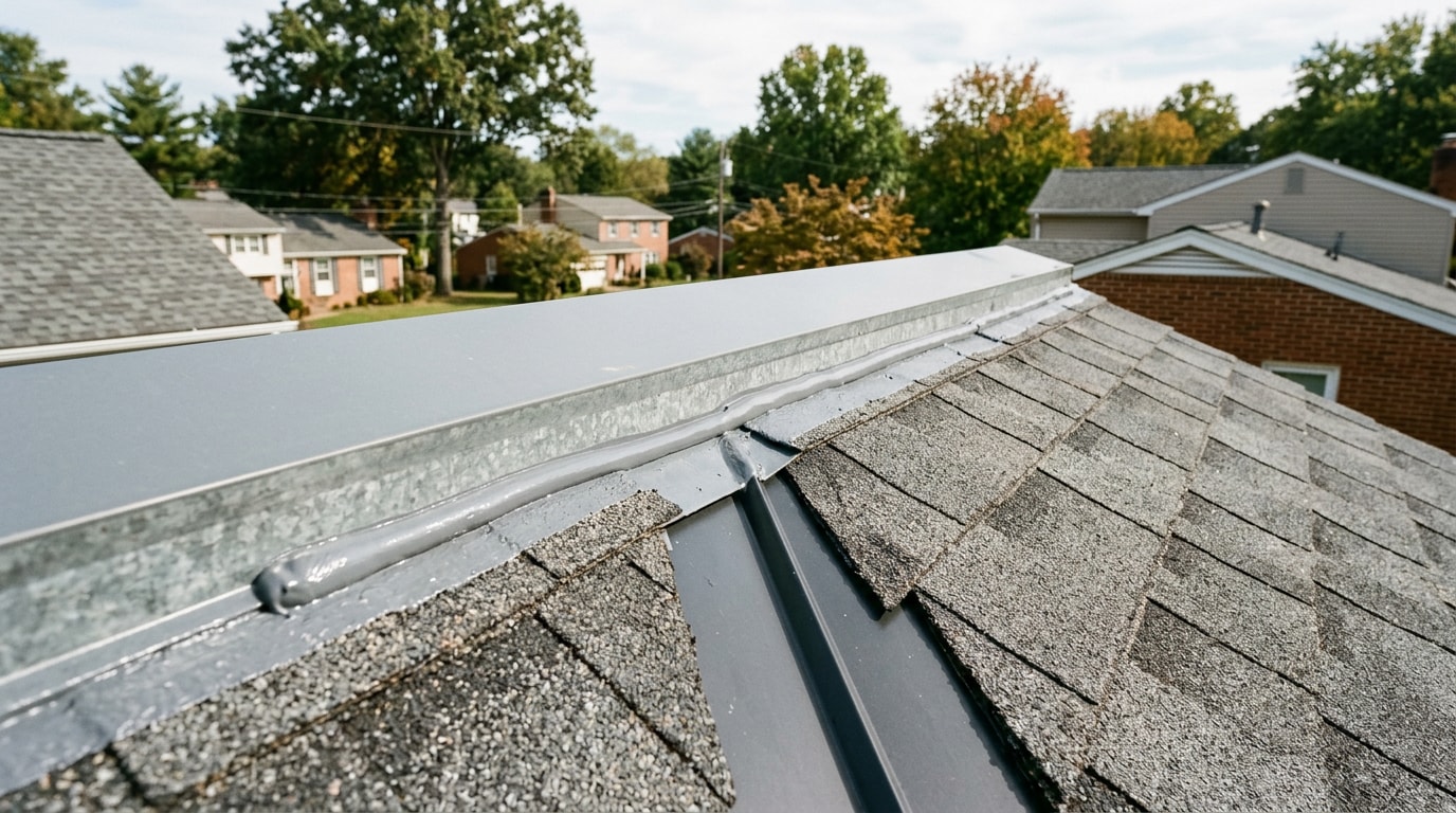 Fresh roof sealant applied along a shingle flashing seam on a Fairfax, VA home
