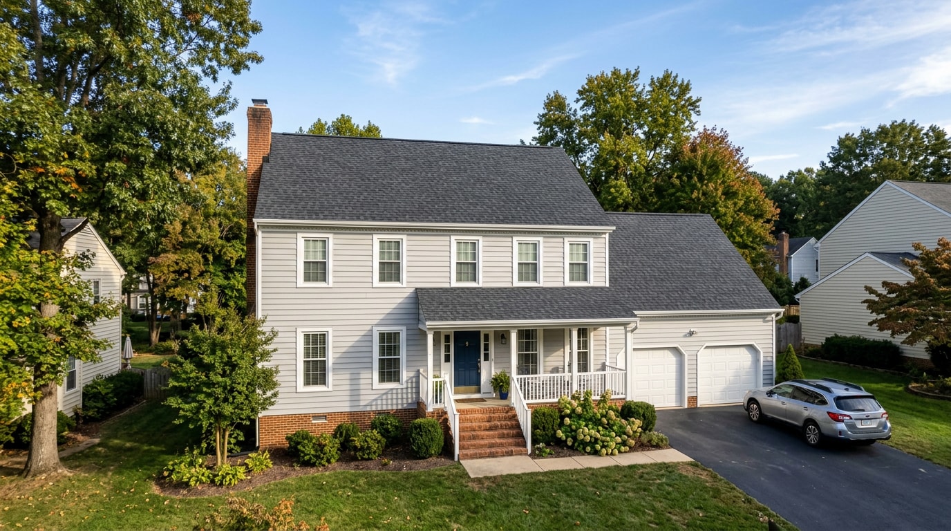 Newly installed asphalt shingle roof on a suburban Fairfax, VA home