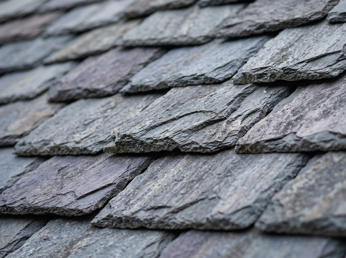 Close-up of natural slate roof tiles showing texture and color variation