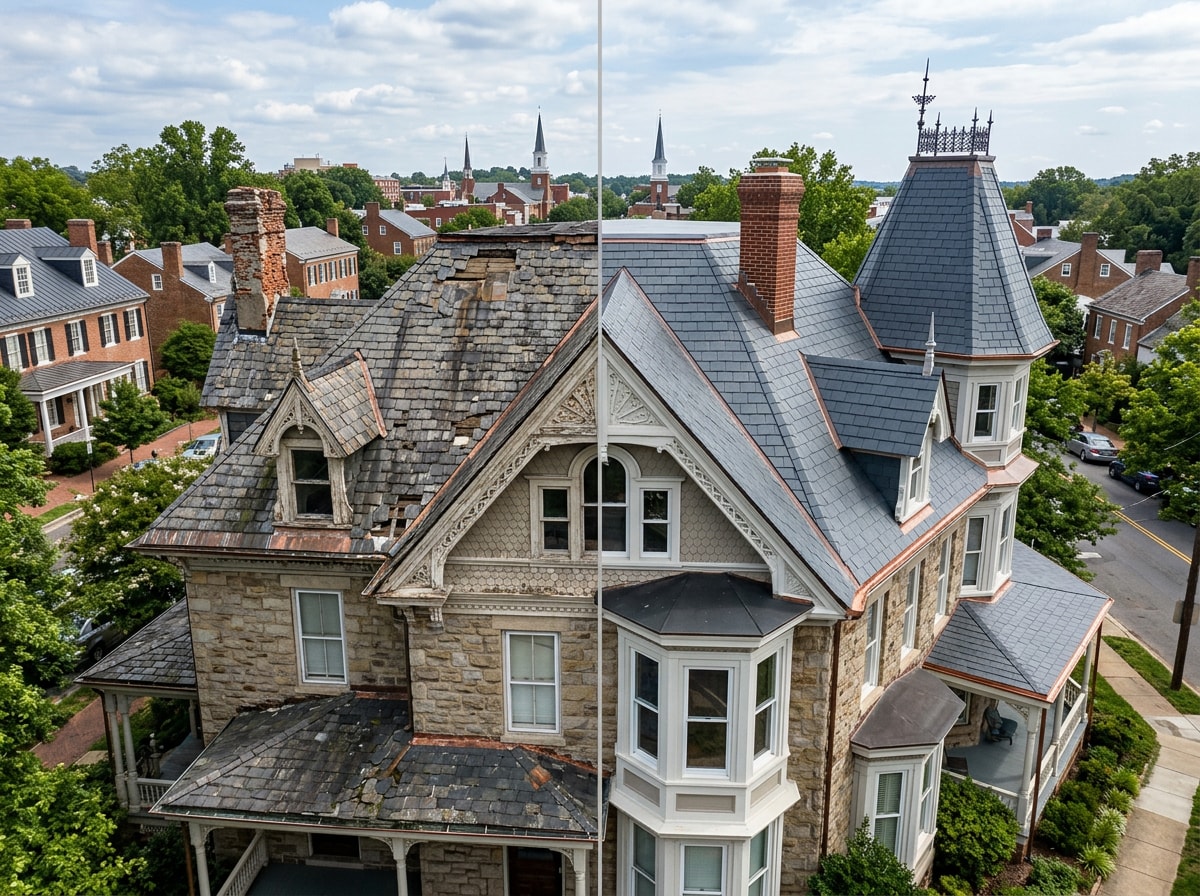 Before and after photos of a Victorian home's restored slate roof in downtown Fredericksburg