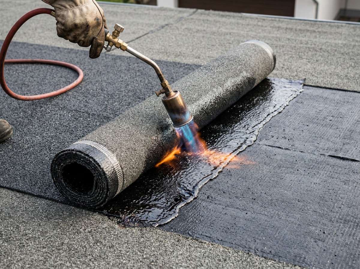 Roofing crew heat-welding a torch down modified bitumen cap sheet on a flat garage roof