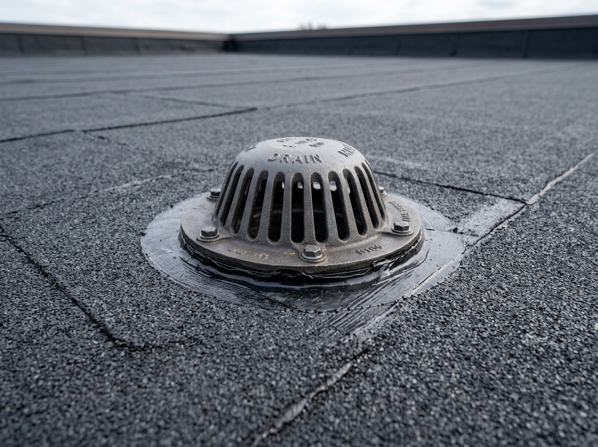 Flat roof drain kept clear of debris to prevent ponding water on a torch down membrane