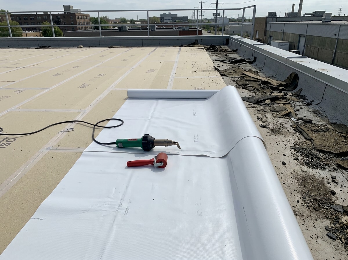 TPO roof tear-off, insulation, and membrane installation sequence on a Manassas flat roof
