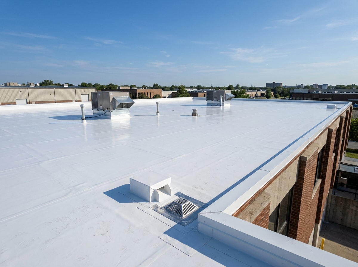 Completed white TPO membrane roof on a flat commercial building in Manassas, VA