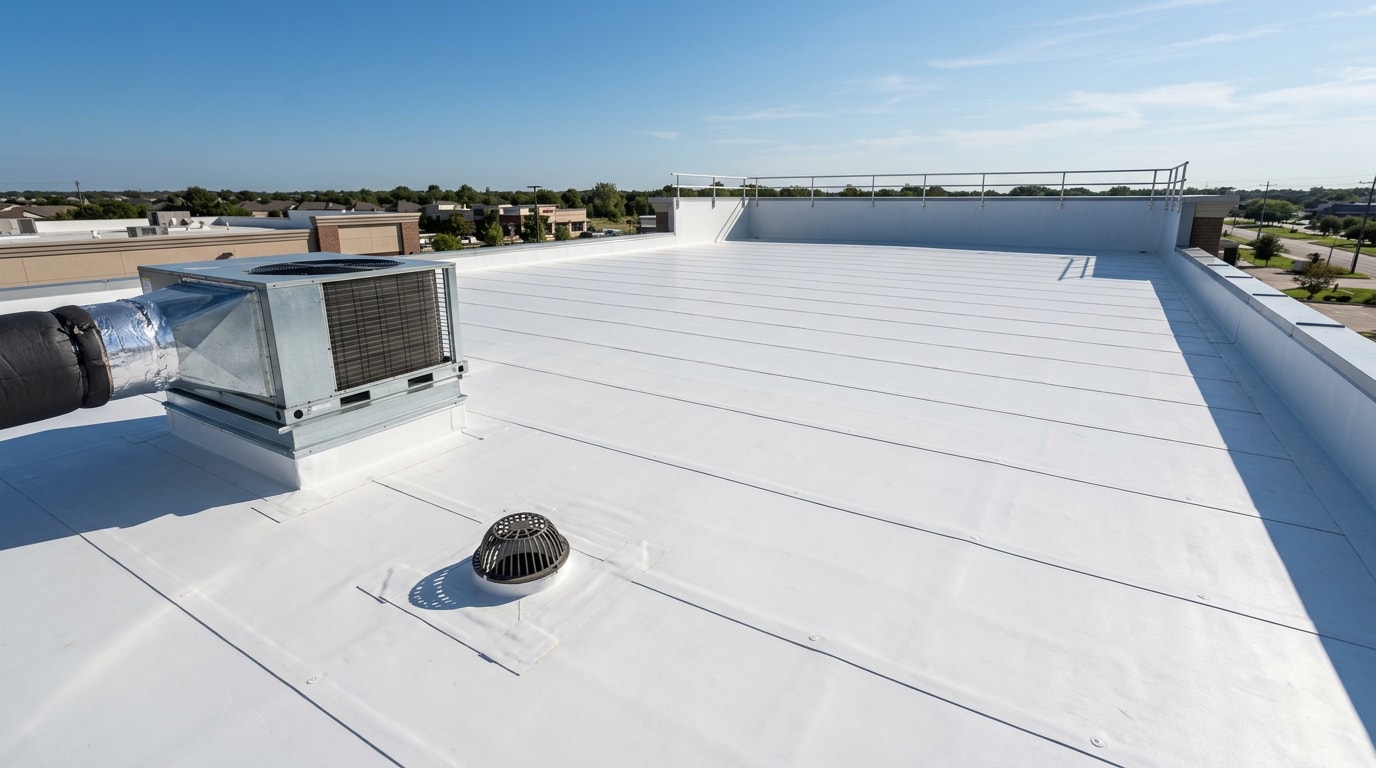 Newly installed white TPO membrane roof on a commercial flat roof building Newly installed white TPO membrane roof on a commercial flat roof building