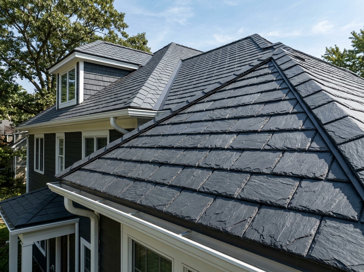 Synthetic slate roofing installed on a two-story Woodbridge, VA home
