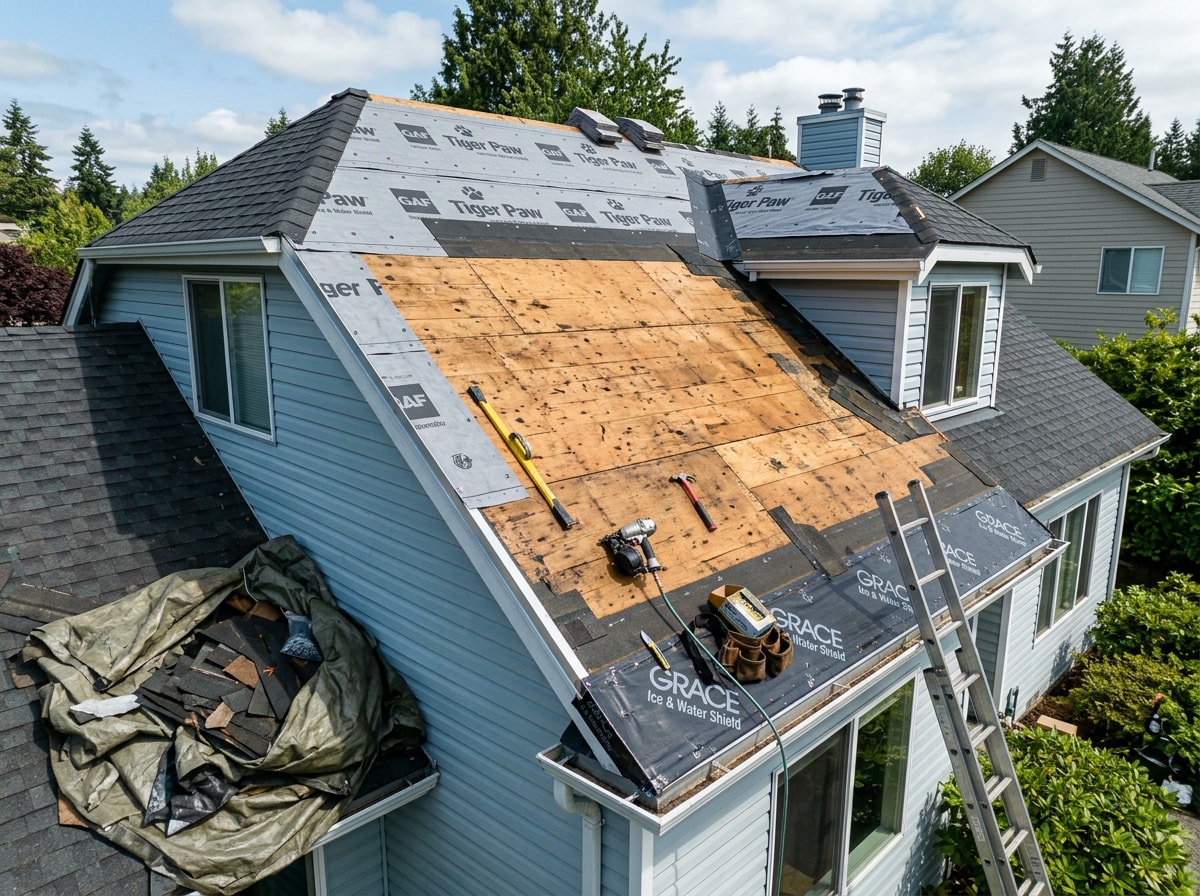 Roofing crew completing a tear-off and fresh decking installation on a Woodbridge home