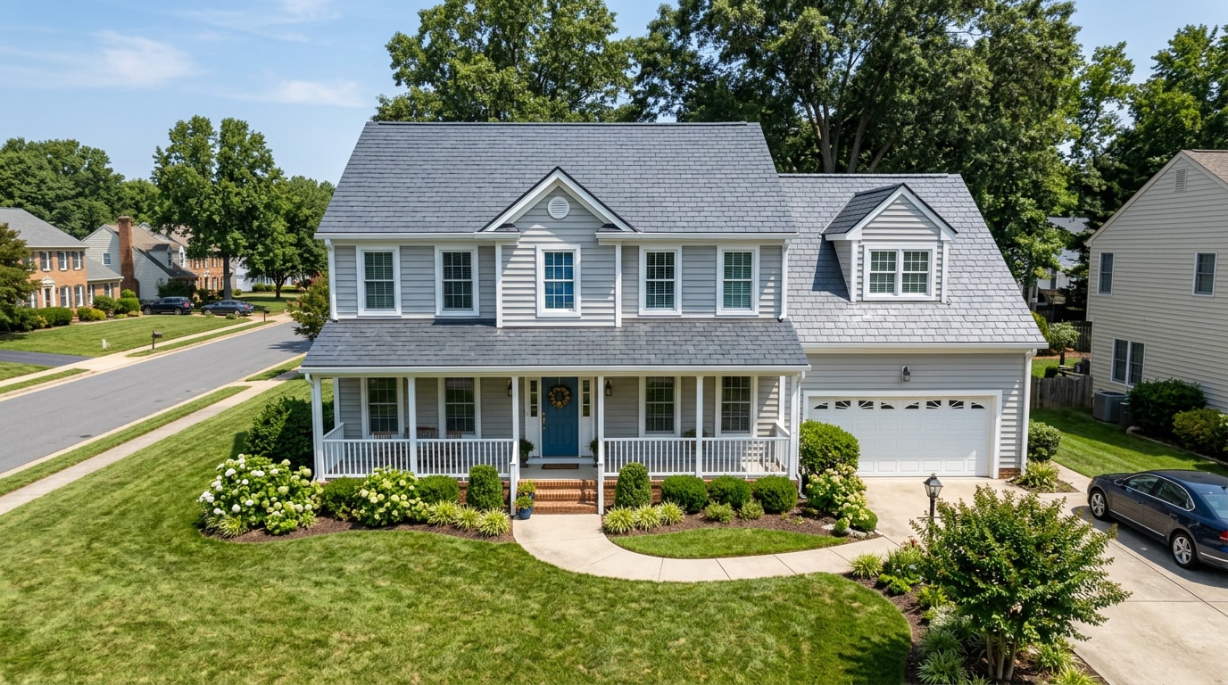Home in Woodbridge, VA with newly installed synthetic slate roofing and vinyl-coated gutters