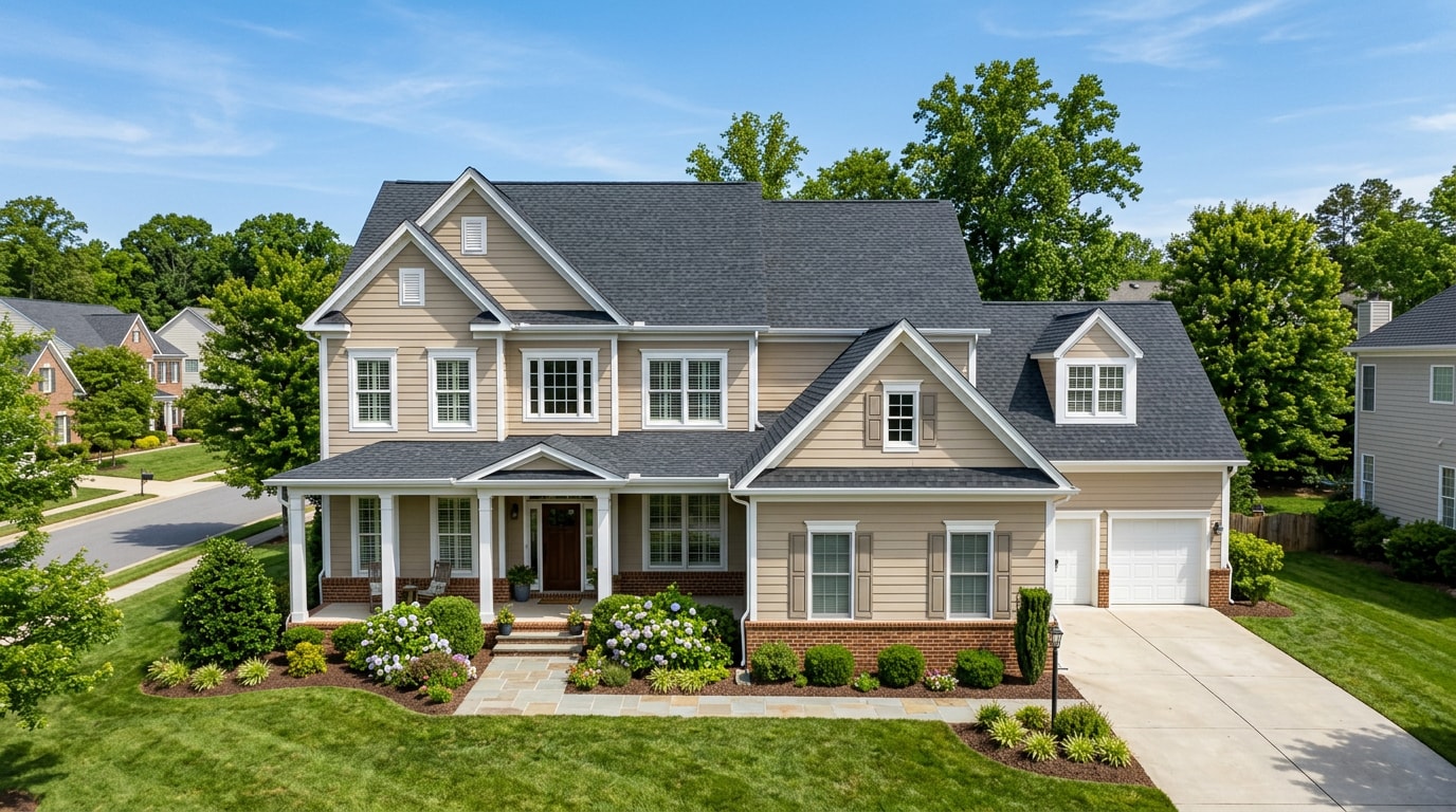 Newly replaced architectural shingle roof on a suburban home in Woodbridge, Virginia